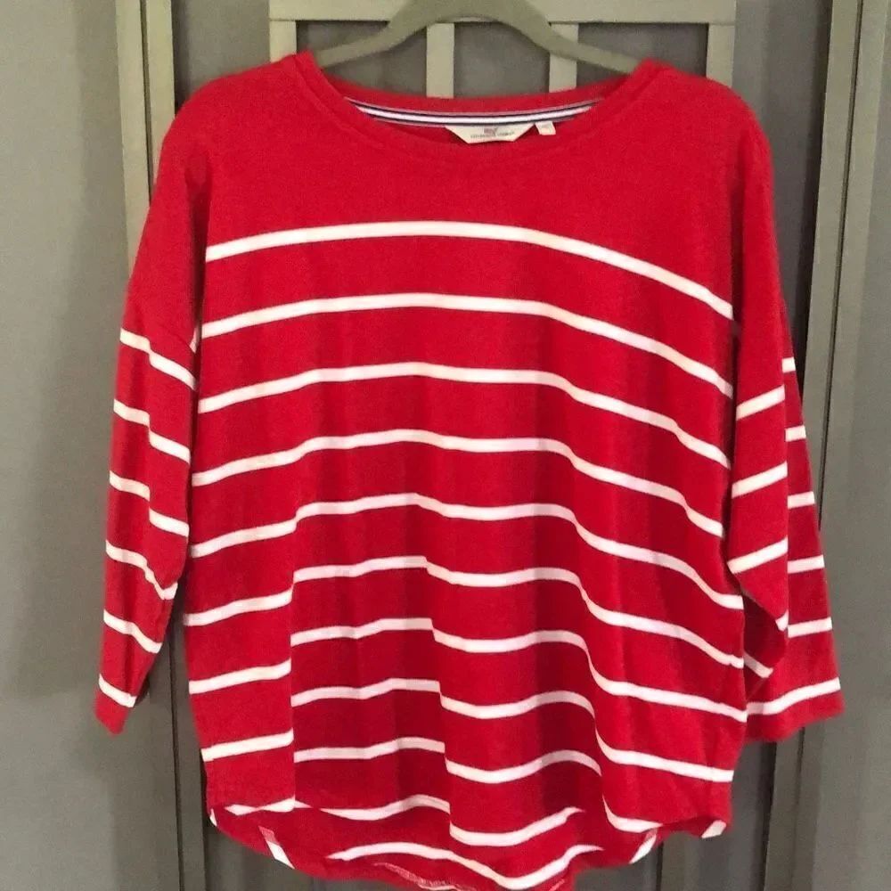 Vineyard Vines Red and white striped oversized cotton three-quarter sleeve shirt